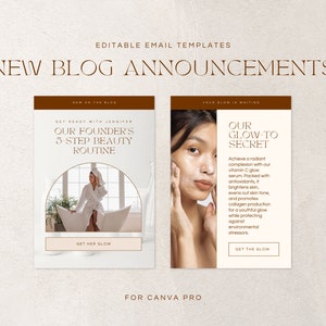 Editable email templates for ecommerce skincare brands. Made for Canva and Mailchimp, Klaviyo. Includes flows, campaigns and seasonal templates. Light, pink, modern and bright templates, minimalist. Newsletter