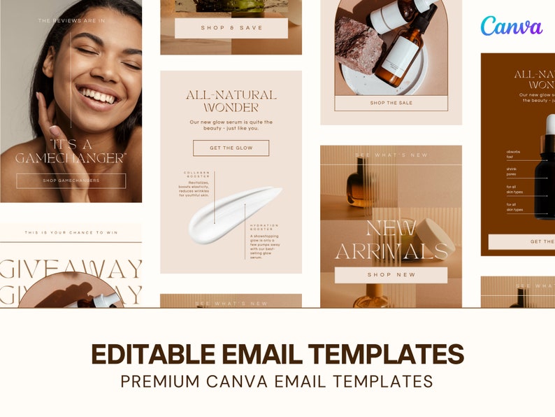 Editable email templates for ecommerce skincare brands. Made for Canva and Mailchimp, Klaviyo. Includes flows, campaigns and seasonal templates. Light, pink, modern and bright templates, minimalist. Newsletter