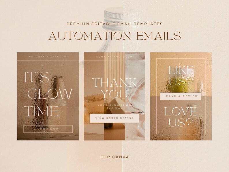 Editable email templates for ecommerce skincare brands. Made for Canva and Mailchimp, Klaviyo. Includes flows, campaigns and seasonal templates. Light, pink, modern and bright templates, minimalist. Newsletter