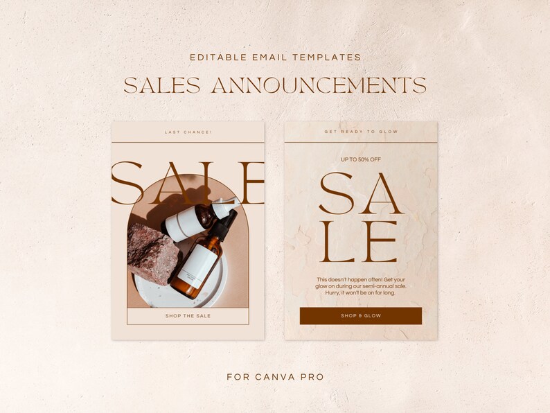 Editable email templates for ecommerce skincare brands. Made for Canva and Mailchimp, Klaviyo. Includes flows, campaigns and seasonal templates. Light, pink, modern and bright templates, minimalist. Newsletter