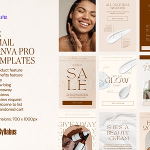 Editable email templates for ecommerce skincare brands. Made for Canva and Mailchimp, Klaviyo. Includes flows, campaigns and seasonal templates. Light, pink, modern and bright templates, minimalist. Newsletter