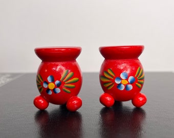 Vintage Swedish Folk Art Candle Stick Holders, Tiny Tappers, Footed Candle Stick Holders, Red Wooden Candle Stick Holders