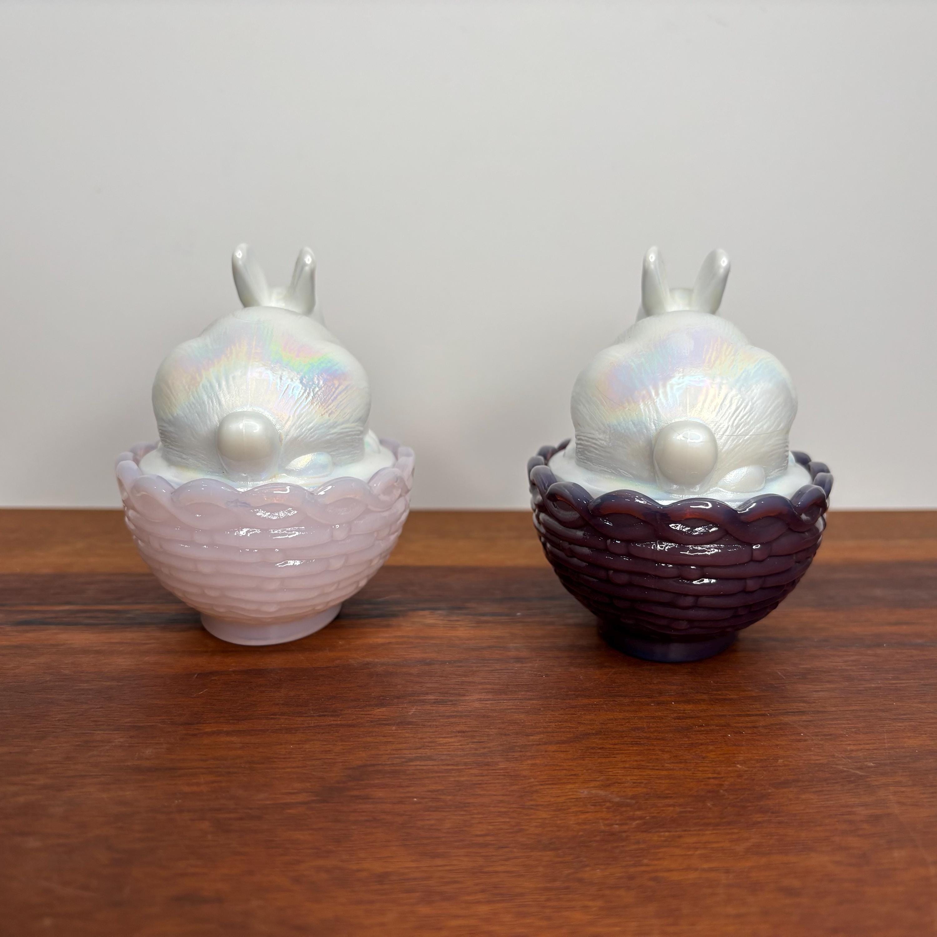 Mosser Carnival Glass Bunny on Basket, Kitchen Decor, Glass Bunny on ...