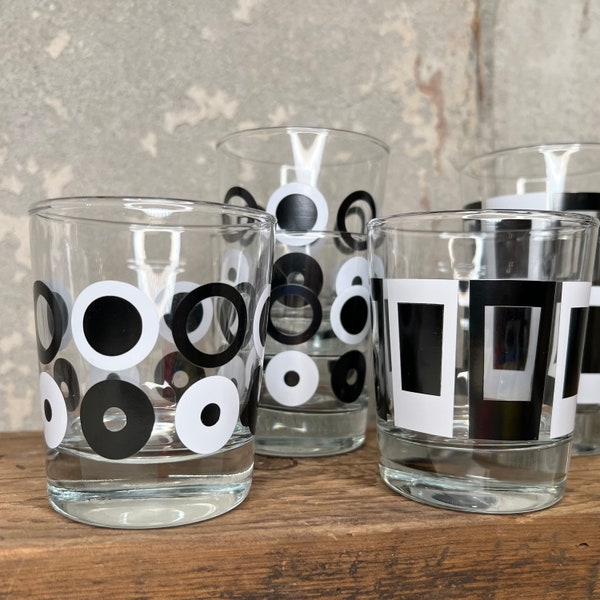 Set of Vintage IKEA Godis Whiskey / Rock Glasses, Black White Mid-Century Design by Henrik Preutz, Barware