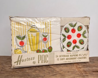 Vintage New in Box Hostess PAC Cameo Napkin & Coaster Set, Olives, Martini, Vintage Barware 1950