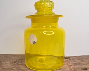 Rare Vintage Takahashi Citrine Glass Canister, Apothecary Jar, Yellow Jar, Kitchen Decor