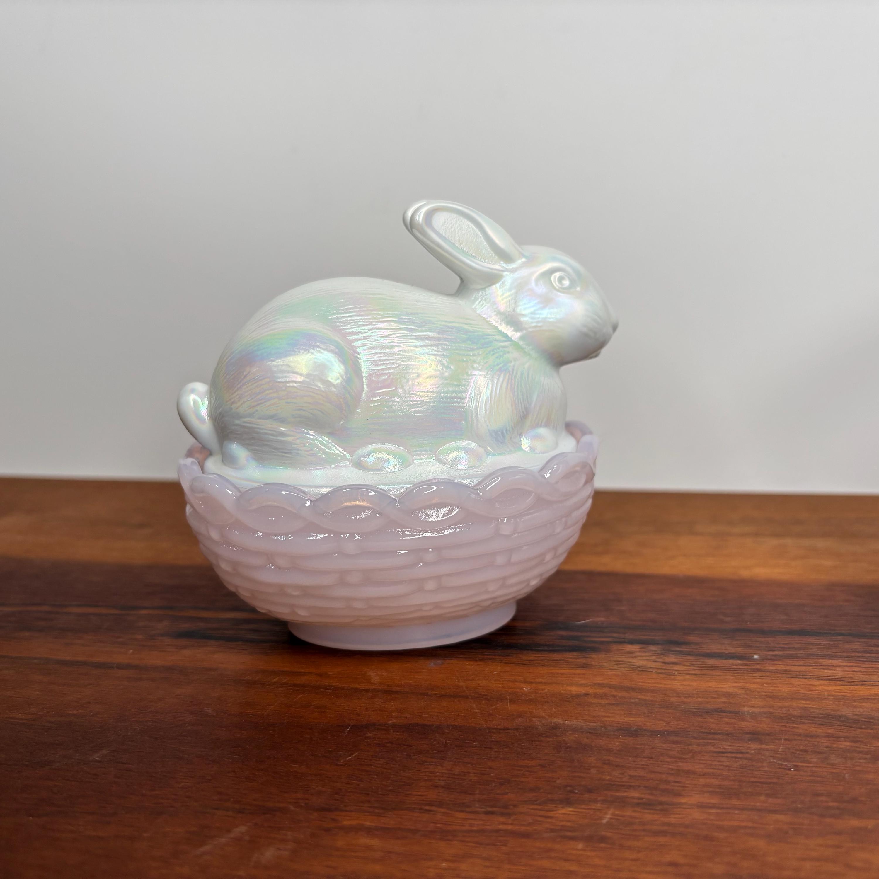 Mosser Carnival Glass Bunny on Basket, Kitchen Decor, Glass Bunny on ...