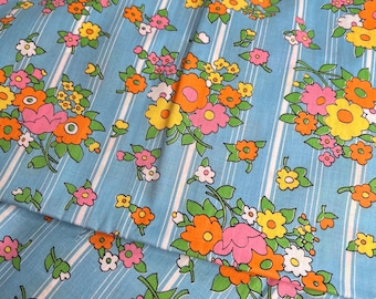 Vintage Schwartz-Liebman Textiles Inc Flower Fabric, Orange, Blue & White Fabric, Flower Power
