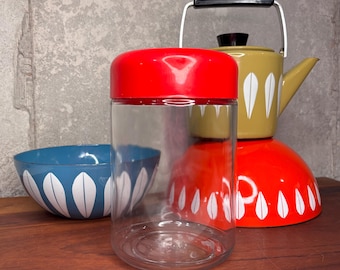 Vintage Heller Design Glass Canister, Red Lid, Massimo Vignelli, Kitchen Decor