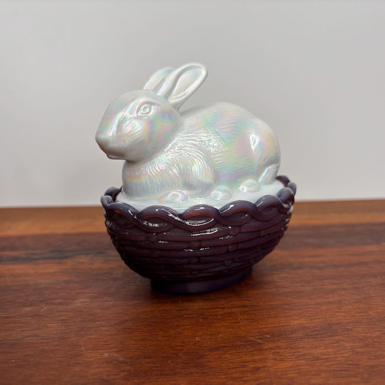 Mosser Carnival Glass Bunny on Basket, Kitchen Decor, Glass Bunny on ...