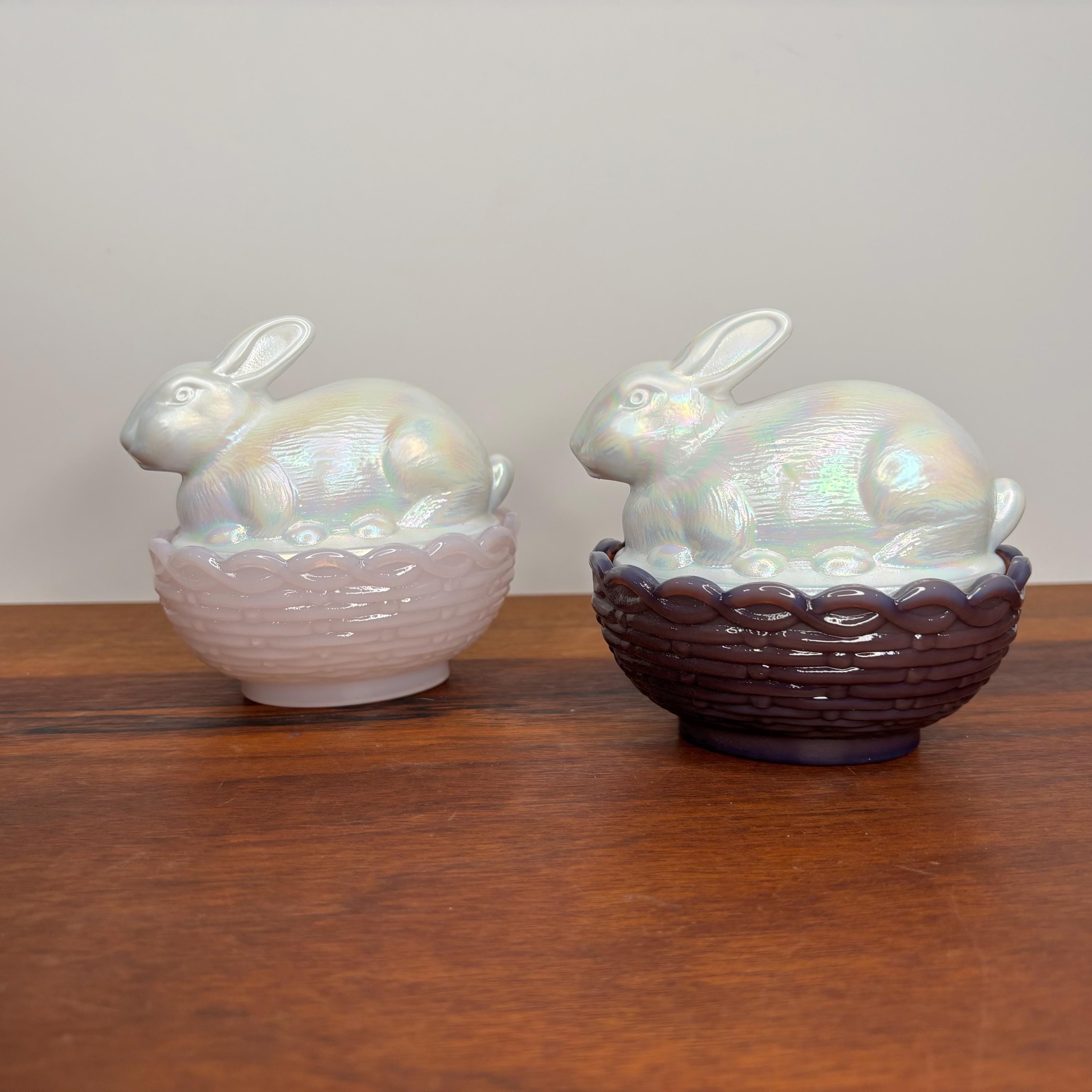 Mosser Carnival Glass Bunny on Basket, Kitchen Decor, Glass Bunny on ...