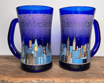 Vintage Set New York City Cobalt Blue Mugs, Blue Glass, Coffee Mug,  Vintage Kitchen