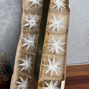 May include: A set of white, glittery, multi-pointed star-shaped ornaments arranged in a vertical cardboard tray with a central gold-colored divider. Each star features numerous radiating spikes, creating a spherical, sunburst-like appearance.