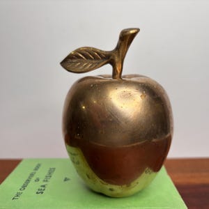 May include: A brass apple ornament with a stem and leaf. The apple has a polished, golden finish and rests on a green book titled "The Observer's Book of Sea Fishes."