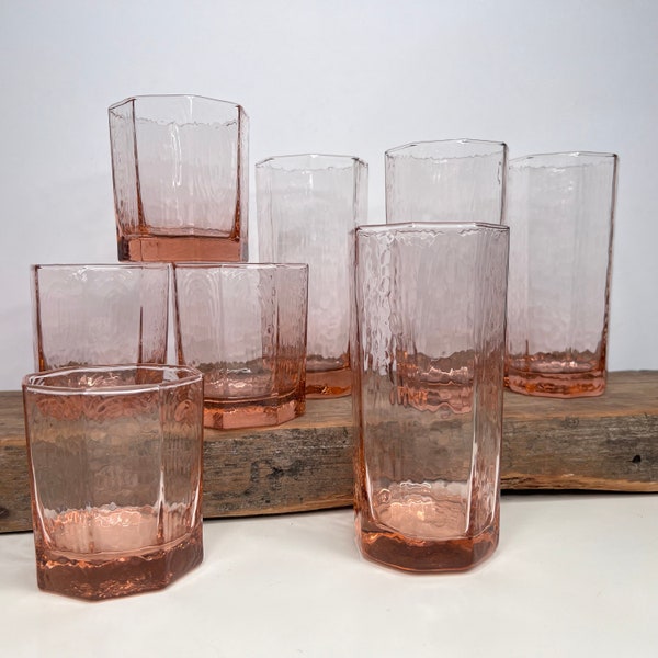 Vintage Pick-a-set of Libbey Pink/Peach Octagon Ice Tea or Rock Glasses, Vintage Barware, Retro Glasses