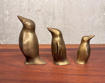 Ensemble vintage de pingouins en laiton, décoration de Noël, décoration en laiton, décoration d'oiseau, presse-papiers
