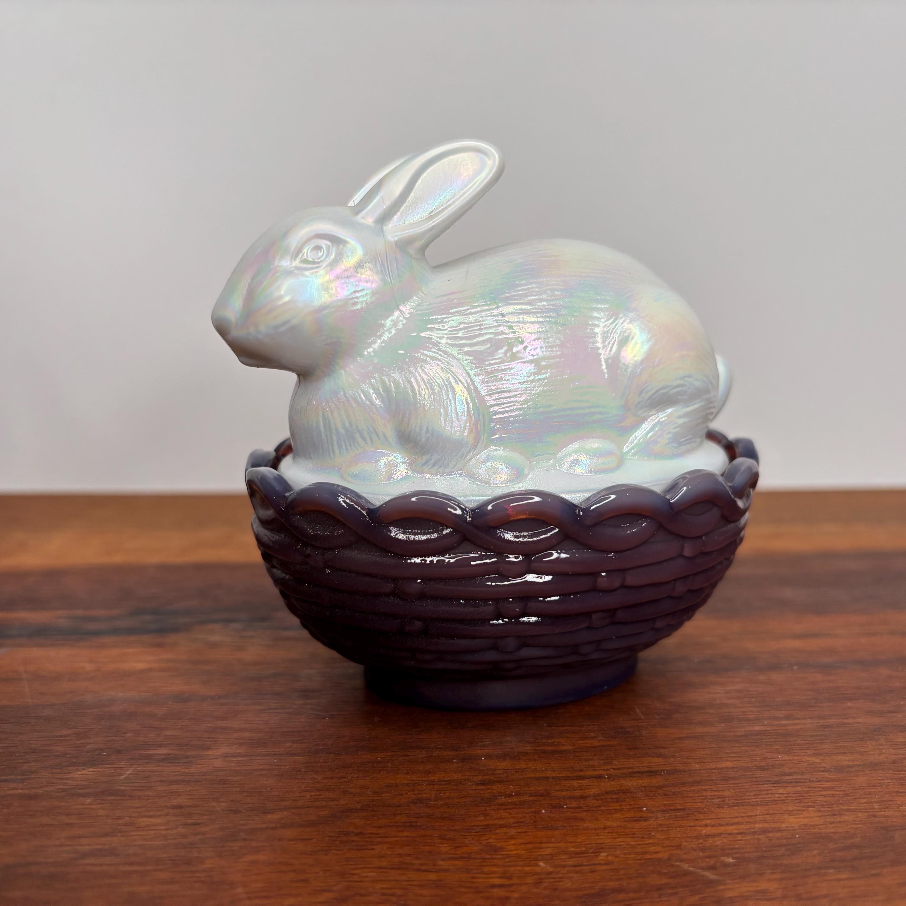 Mosser Carnival Glass Bunny on Basket, Kitchen Decor, Glass Bunny on ...