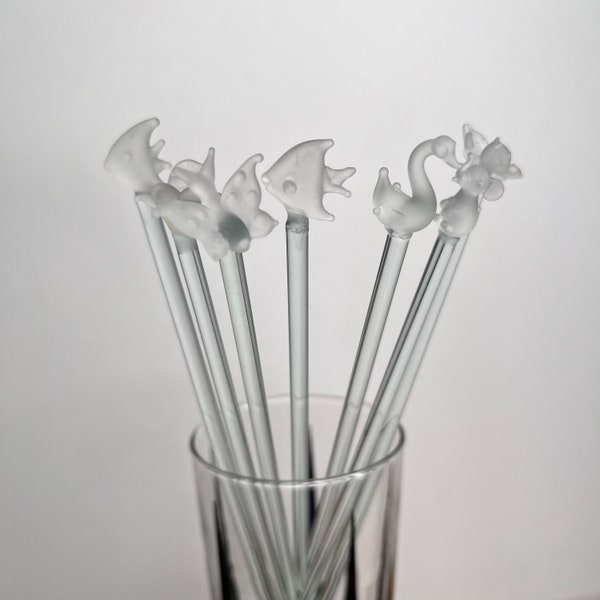 Vintage Assorted Frosted Animal Glass Swizzle Sticks, Barware, Vintage Swizzle Sticks, Animal Stir Sticks, Glass Fish, Birds, Butterflies