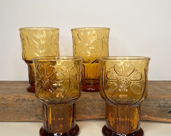 Vintage Libbey Country Garden Amber Glasses, Tumblers, Drinking Glasses, Daisy, Vintage Kitchen