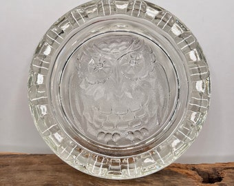 Vintage Clear Brockway Glass Owl Ashtray / Trinket Dish, Owl Glass Dish, Vintage Clear Dish