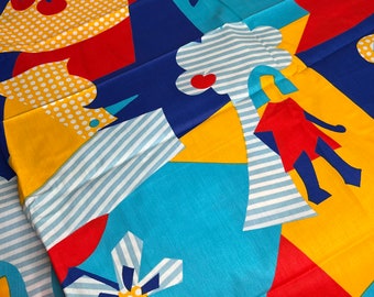 Vintage Crantex Fabrics Screen Print, Flower Fabric, Hearts, Lines and Polkadots Orange, Red & Blue Fabric, Flower Power