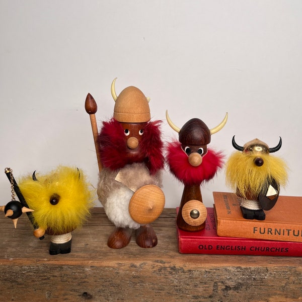 Pick-a-piece ** Damaged ** Vintage Teak Wood Nordic Viking Figurines, Denmark Vikings, Spain Vikings, Wood & Fur Figurines