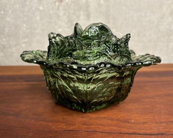 Vintage Le Smith Green Cabbage Covered Candy Dish, Green Glass, Trinket Dish