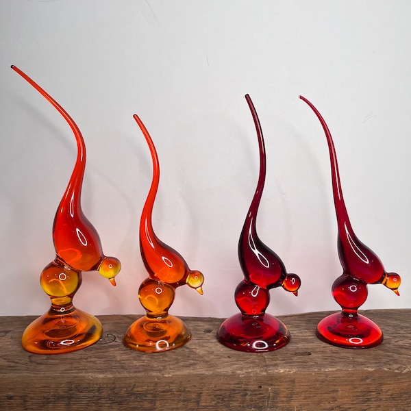 Pick a Piece Viking Epic Long Tail Glass Birds, Viking Persimmon Glass, Viking Amberina Glass, Art Glass Animals, Mid Century Modern Glass