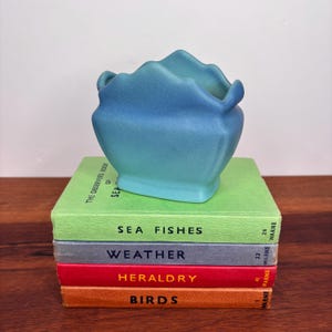 Puede incluir: Un jarrón de cerámica azul y turquesa con borde festoneado se encuentra sobre una pila de libros antiguos. Los libros se titulan "Sea Fishes", "Weather", "Heraldry" y "Birds". Los libros son de varios colores.