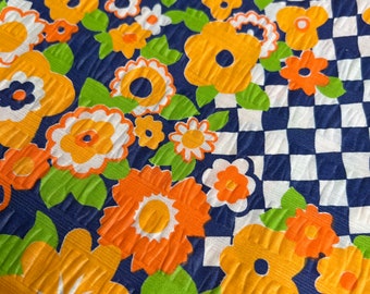 Vintage Checkered Flower Fabric, Orange, Blue & Yellow Fabric, Flower Power