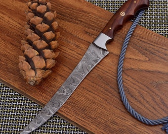Damascus Fillet Knife, Hand Made Hunting, Camping, Fishing Tool (Leather Sheath)