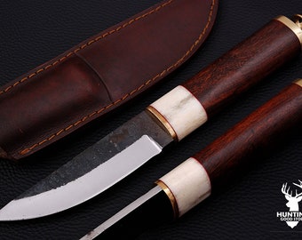 Hand Forged Carbon Steel Viking Knife with Rosewood Handle, Leather Sheath