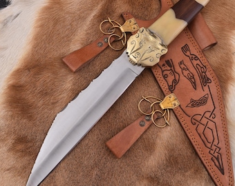 Handmade Damascus Viking Seax Knife, Brass Shod Leather Scabbard