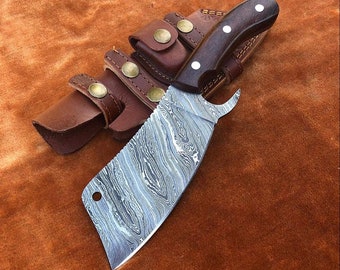 Damascus Cleaver , Damascus Chef Cleaver , Custom Hand Made Damascus Cleaver With Leather Sheath , Gift For Chef / Butcher