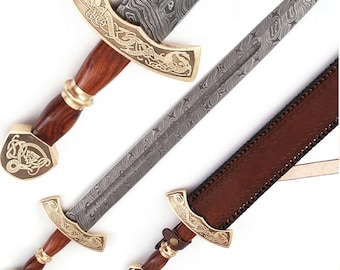 Damascus Viking Sword, Hand-Forged Twist Blade, Rosewood Handle, Leather Scabbard