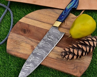 Damascus Butcher Knife , Damascus Chef Knife , Damascus Kitchen Knife , Hand Made Chef Knife , Hand Made Kitchen Knife , With Leather Case