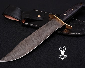 Damascus Bowie Knife, Hunting Bowie Knife , Custom Hand Made Damascus Bowie With Engraved Leather Sheath