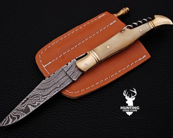 Damascus Pocket Knife , Damascus Folding Knife , Beautiful Hand Made Damascus Cork Screw / Laguiole Folding Knife