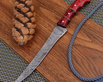 Damascus filetmes, handgemaakt jachtkampeervisgereedschap, leren schede