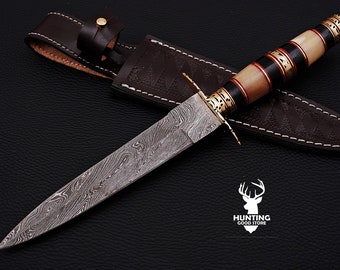 Custom Hand Made Damascus Steel Double Edged Dagger With Engraved Leather Sheath