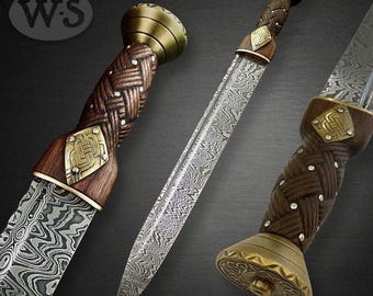 Hand Made Damascus Scottish Dirk With Leather Scabbard