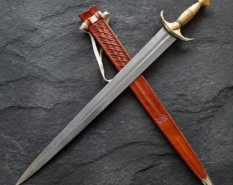Espada corta suiza / Degen con vaina de cuero grabada, hoja de acero D2, empuñadura de madera y plata.