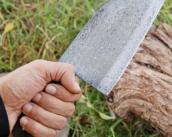 Damascus Cleaver , Damascus Chef Cleaver , Custom Hand Made Damascus Cleaver With Leather Sheath , Gift For Chef / Butcher