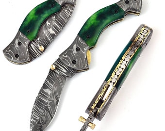 Damascus Folding Knife , Damascus Pocket Knife , Engraved Pocket Knife , Engraved Folding Knife , Kukri Folding Knife , Pouch Included