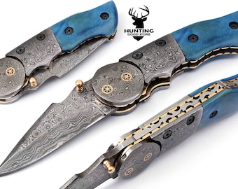 Custom Hand Made Damascus Folding Knife , Damascus Pocket Knife , Damascus Hunting Knife , Custom HandMade Leather Sheath Gift For Special 1