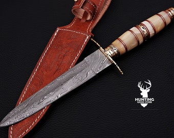 Custom Hand Made Damascus Steel Double Edged Dagger With Engraved Leather Sheath