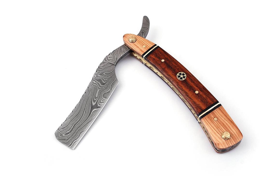 Damascus Steel Straight Razor, Rosewood Handle, Shaving Razor With Pouch