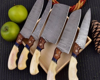 Damascus Kitchen Knife Set , Damascus Chef knife Set of 5pcs , Barbeque Knives Set , Leather Roll