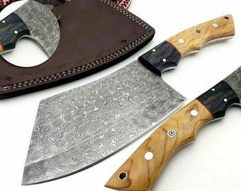 Damascus Cleaver , Damascus Chef Cleaver , Custom Hand Made Damascus Cleaver With Leather Sheath , Gift For Chef / Butcher