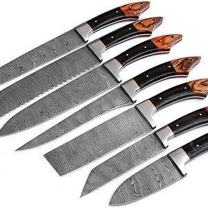 Damascus Chef Knife Set , Damascus 7 Pcs Chef Set With Suede Case , Custom Hand Made Damascus Chef Set , Gift For Beloved One